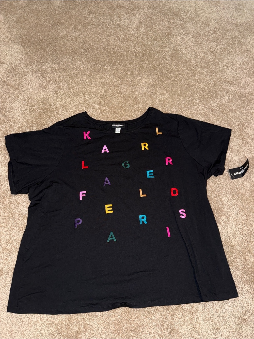 Karl Lagerfeld Black Tee with Multicolor Embroidered Letters 3X - NWT
